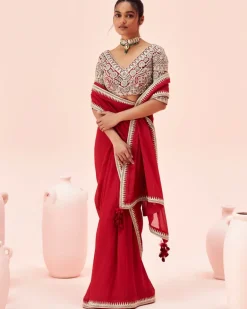 Ruby Red Sari With Embroidered Blouse