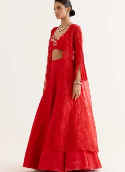 Ruby Red Satin Lehenga And Embroidered Jacket Set
