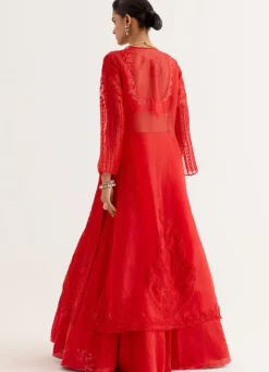 Ruby Red Satin Lehenga And Embroidered Jacket Set