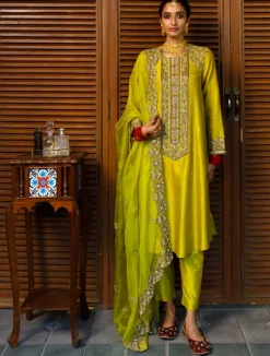 Ruksaan Olive Green Embroidered Yoke Kurta And Pant With Embroidered Dupatta Set