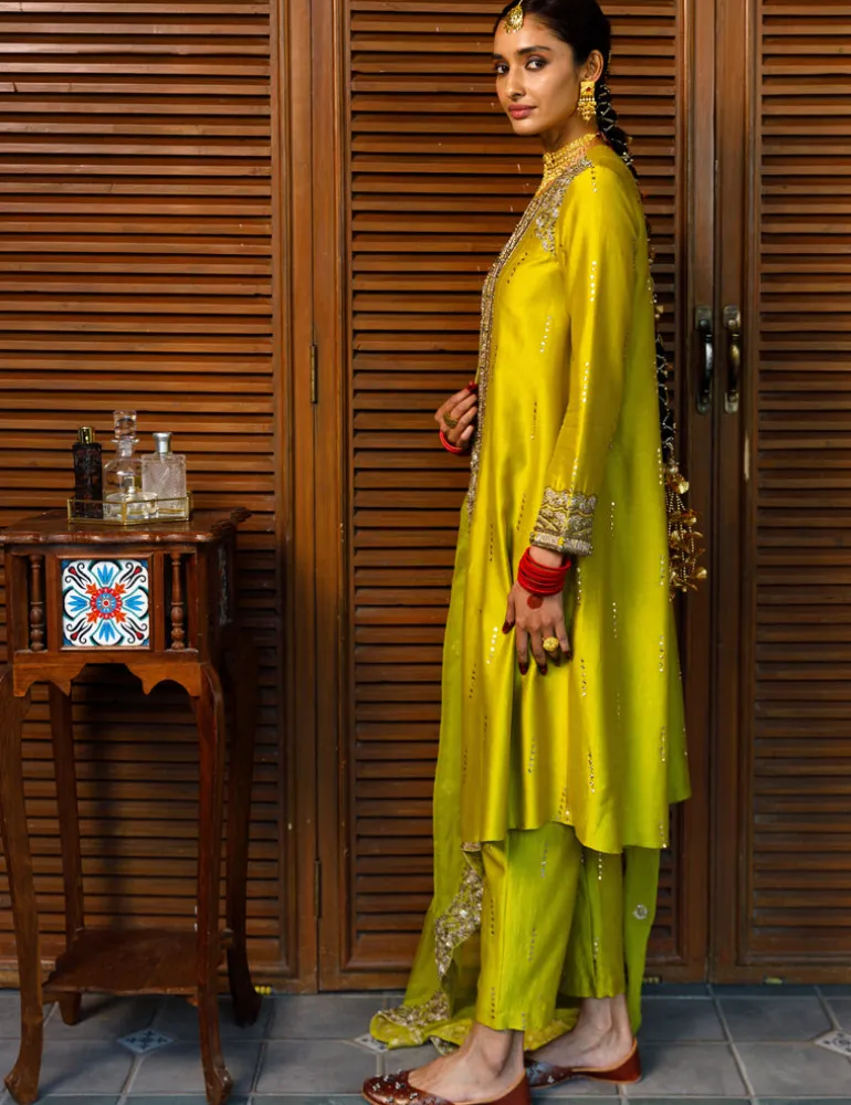 Ruksaan Olive Green Embroidered Yoke Kurta And Pant With Embroidered Dupatta Set