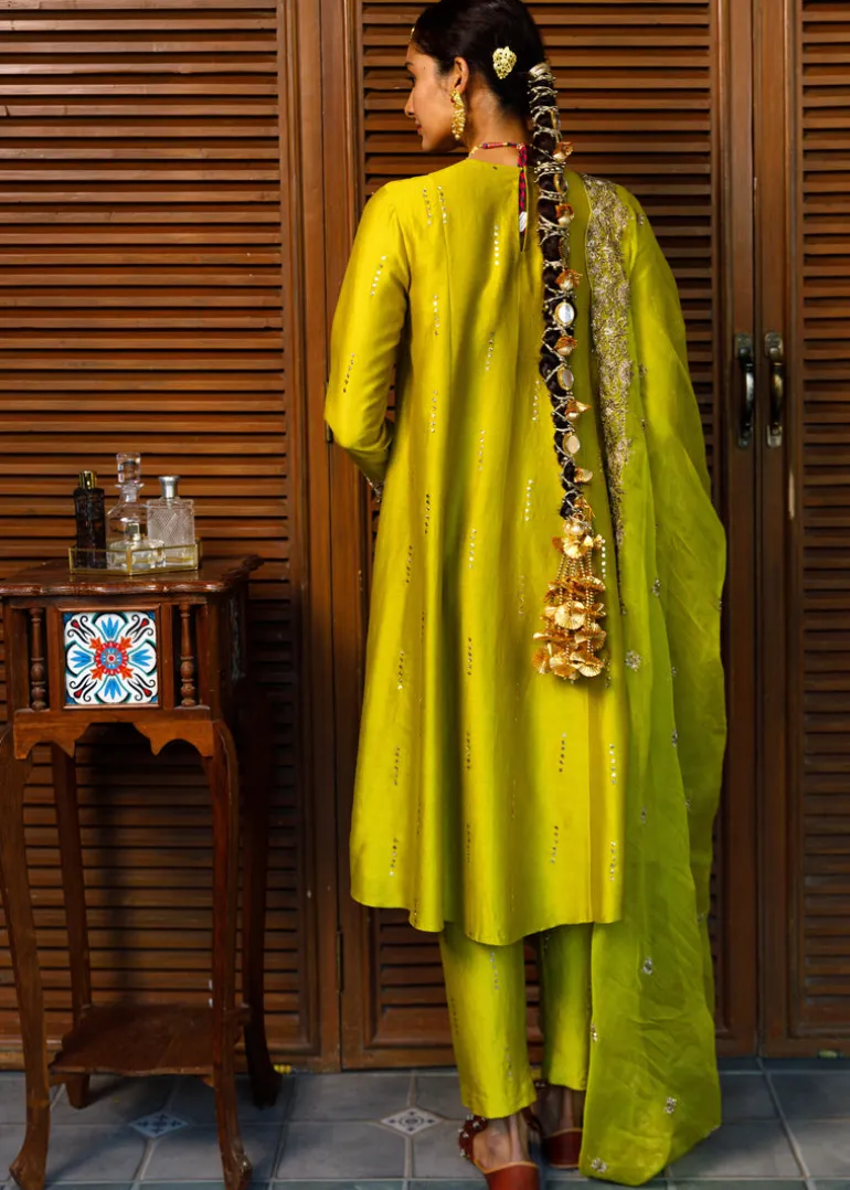 Ruksaan Olive Green Embroidered Yoke Kurta And Pant With Embroidered Dupatta Set