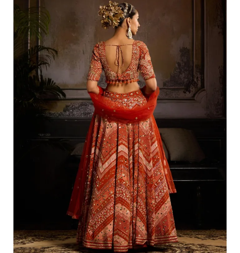 Rust Abstract Jaal Lehenga Set
