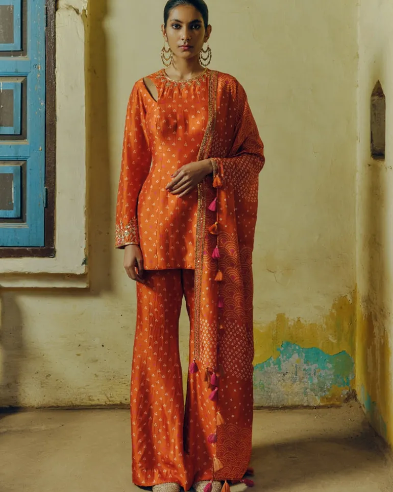 Rust Bandhej Kurta Set