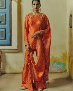 Rust Bandhej Kurta Set
