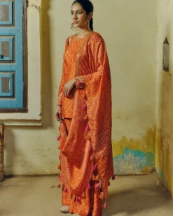 Rust Bandhej Kurta Set