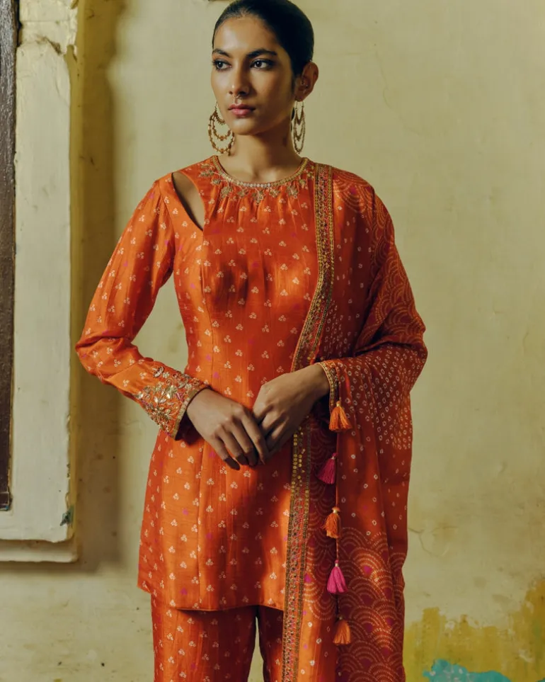 Rust Bandhej Kurta Set
