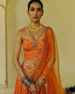 Rust Bandhej Lehenga Set