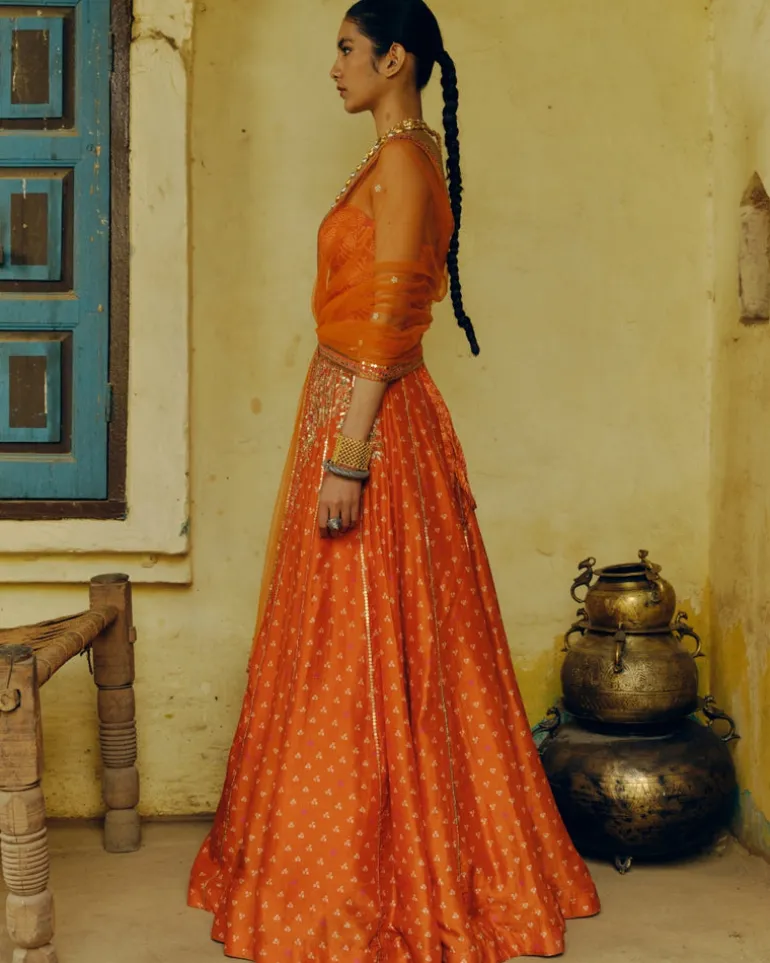 Rust Bandhej Lehenga Set