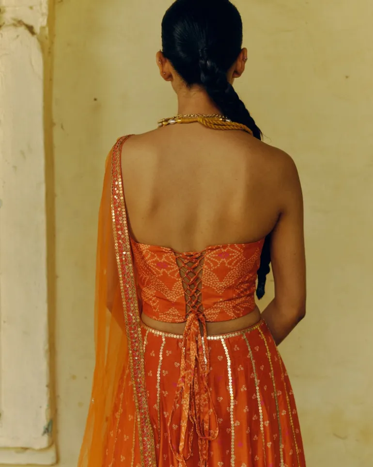 Rust Bandhej Lehenga Set