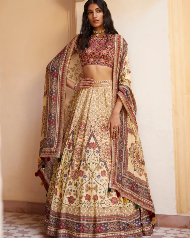 Rust Embroidered Paneled Lehenga Set