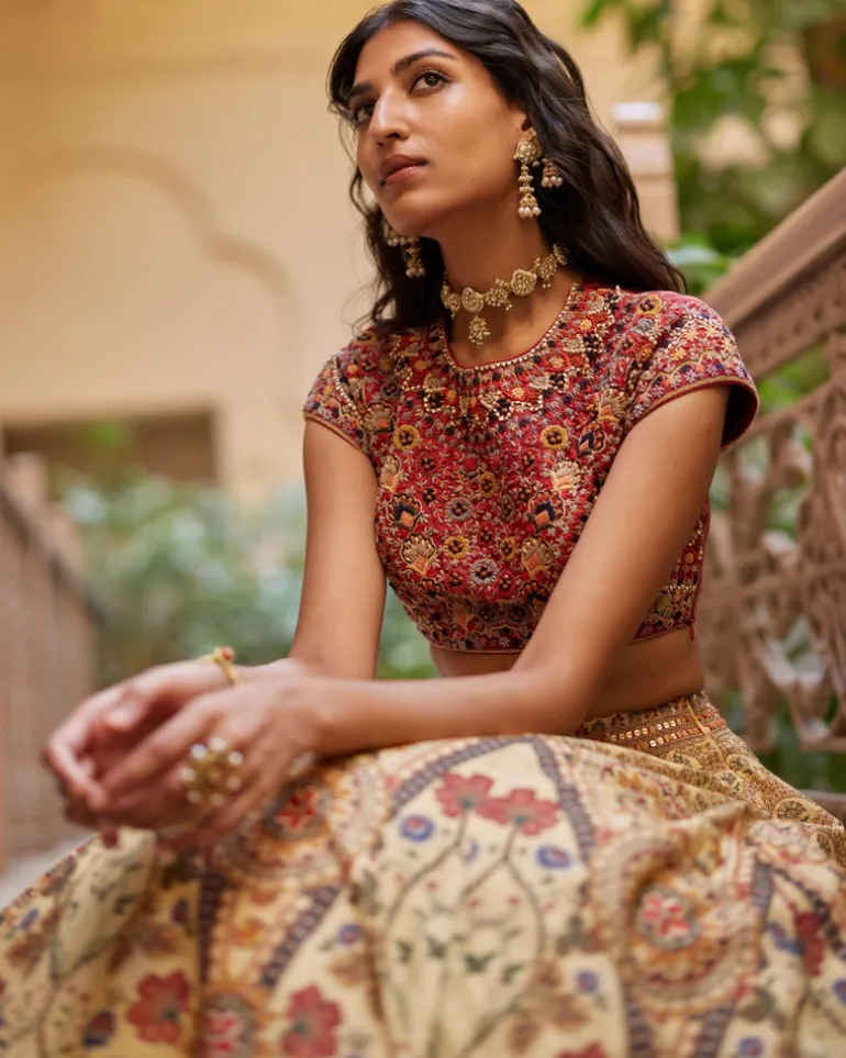 Rust Embroidered Paneled Lehenga Set
