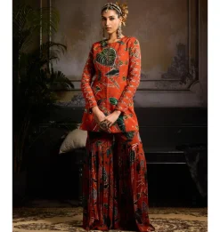 Rust Leaf Print Jacket Set
