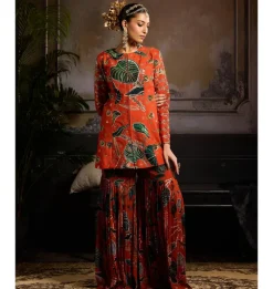 Rust Leaf Print Jacket Set
