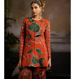 Rust Leaf Print Jacket Set