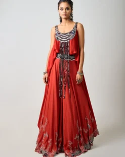 Rust Orange Embroidered Singlet With Circular Pant Set