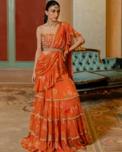 Rust Orange Floral Printed Chiffon Sari Set