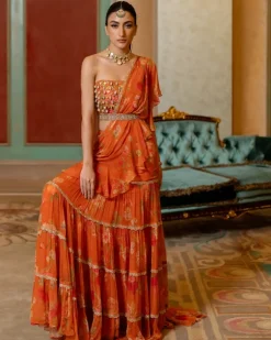 Rust Orange Floral Printed Chiffon Sari Set