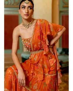Rust Orange Floral Printed Chiffon Sari Set
