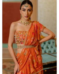 Rust Orange Floral Printed Chiffon Sari Set