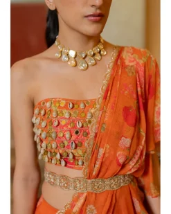 Rust Orange Floral Printed Chiffon Sari Set