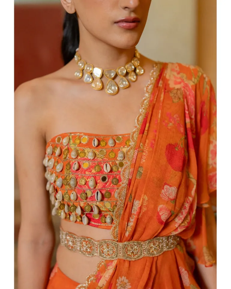 Rust Orange Floral Printed Chiffon Sari Set