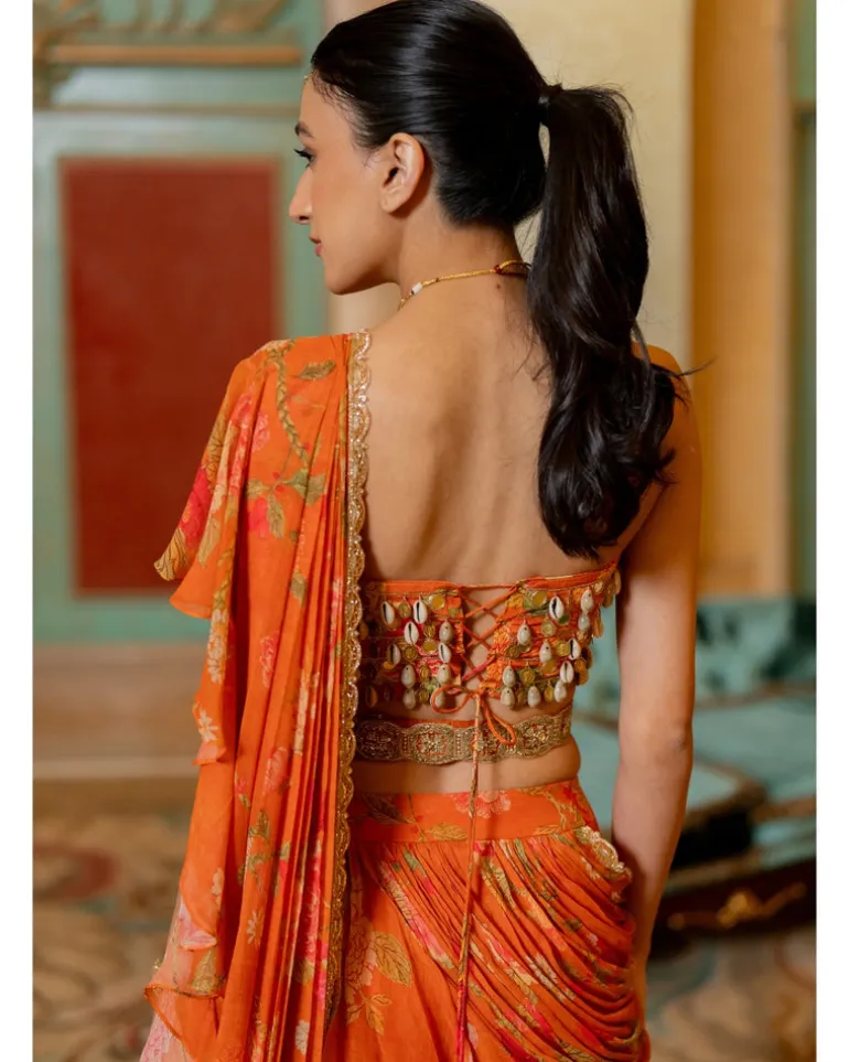 Rust Orange Floral Printed Chiffon Sari Set