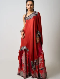 Rust Orange Hand Embroidered Double Layer Cape With Gharara Set