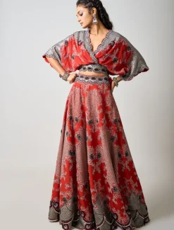 Rust Orange Hand Embroidered Kaftan Top & Sharara Set