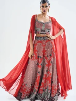 Rust Orange Hand Embroidered Sharara & Cape Set