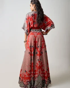 Rust Orange Hand Embroidered Kaftan Top & Sharara Set