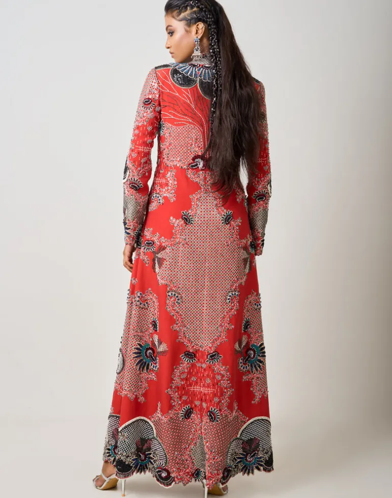 Rust Orange Hand Embroidered Long Jacket Set