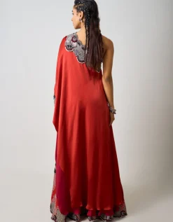 Rust Orange Hand Embroidered Double Layer Cape With Gharara Set