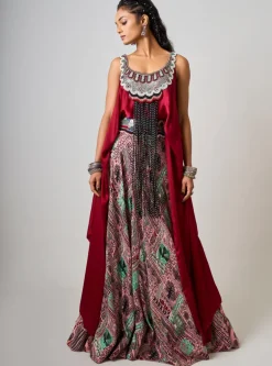 Rust Orange Hand-Embroidered Singlet With Mint Lehenga Set