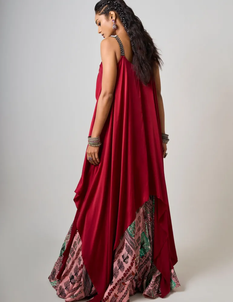Rust Orange Hand-Embroidered Singlet With Mint Lehenga Set