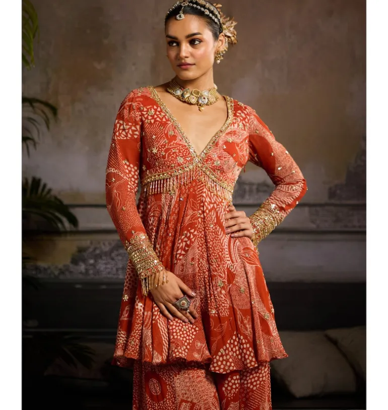 Rust Print Peplum Sharara Set