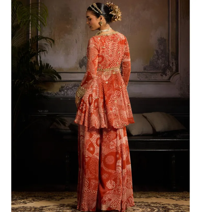 Rust Print Peplum Sharara Set