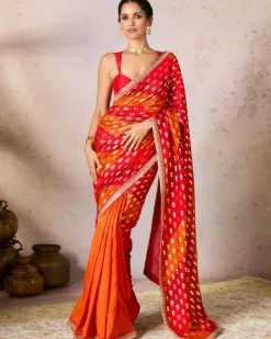 Rust Stripe Foil Sari Set