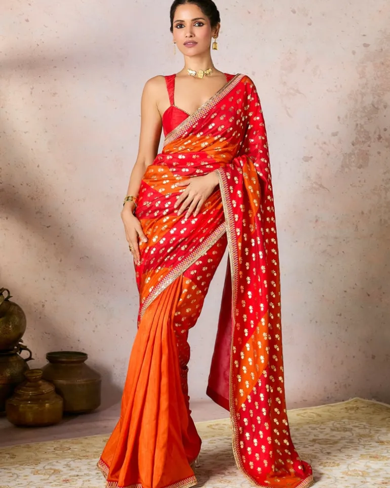 Rust Stripe Foil Sari Set