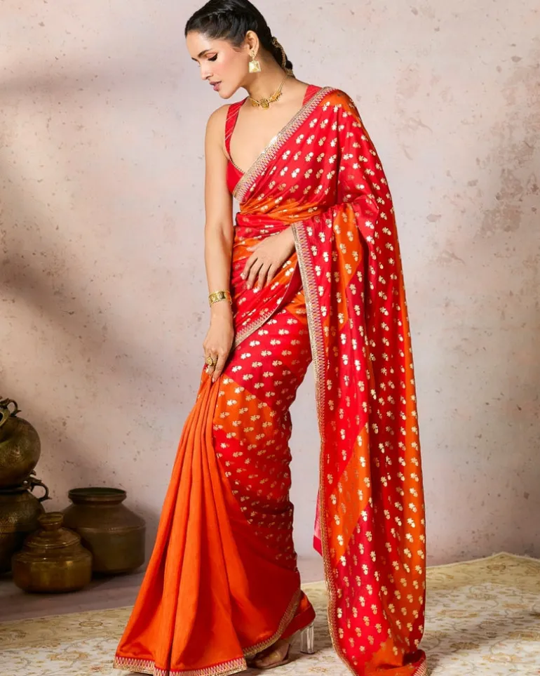 Rust Stripe Foil Sari Set
