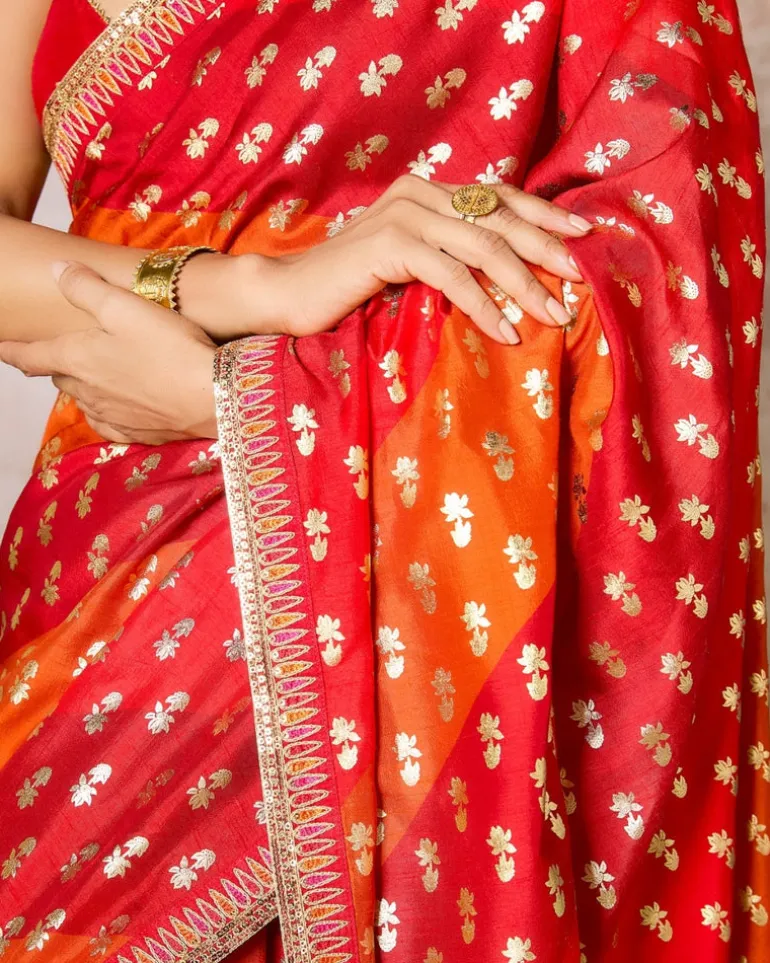 Rust Stripe Foil Sari Set