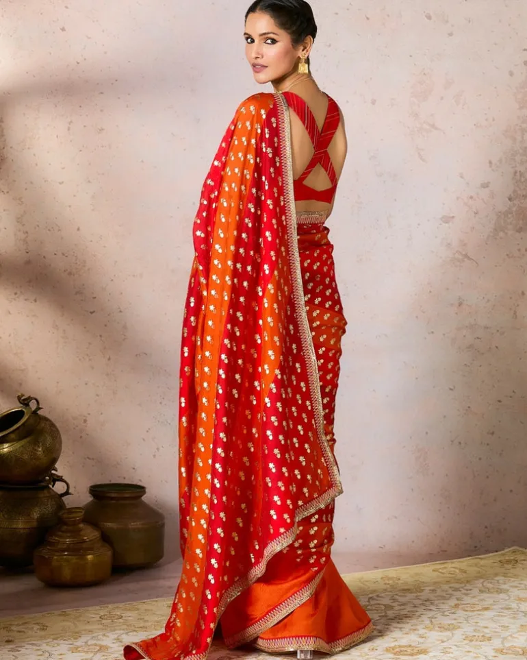 Rust Stripe Foil Sari Set