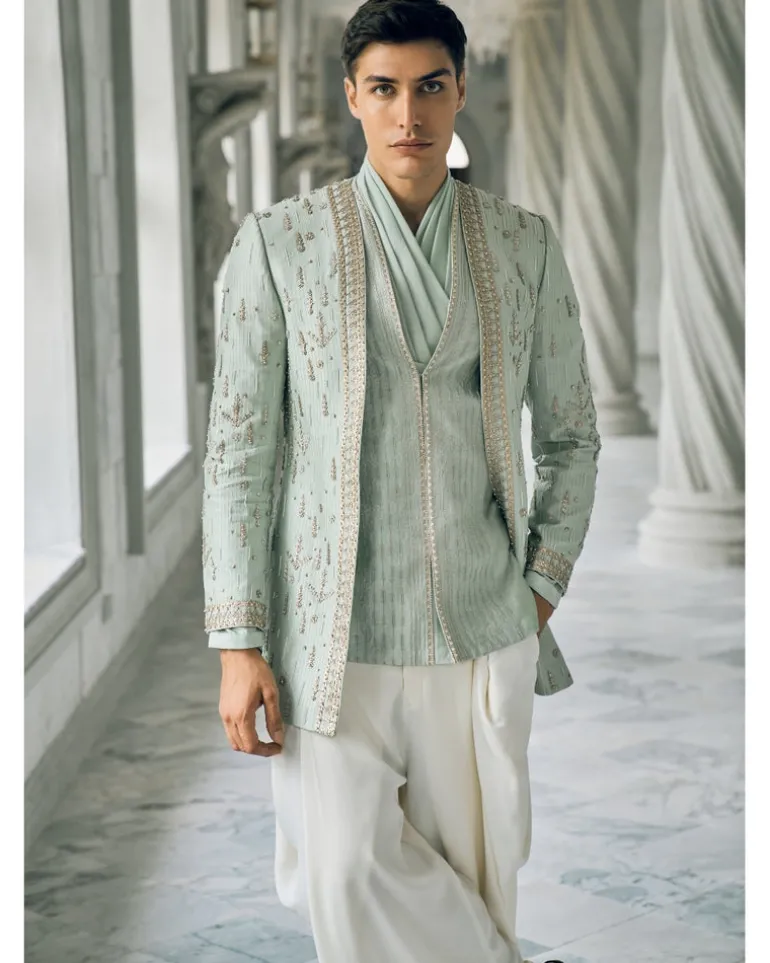 Sage Green 3 Layered Zardosi Embroidered Bandgala Set