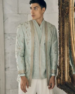 Sage Green 3 Layered Zardosi Embroidered Bandgala Set