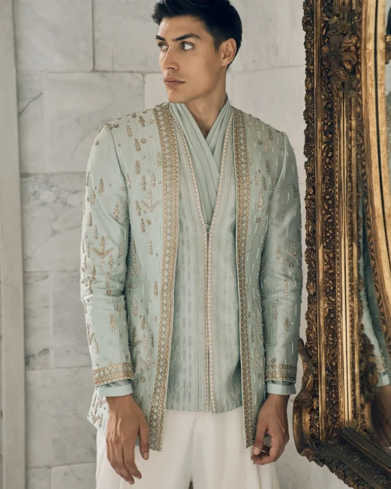 Sage Green 3 Layered Zardosi Embroidered Bandgala Set