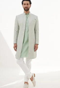 Sage Green Banarasi Double Scallop Achkan Set