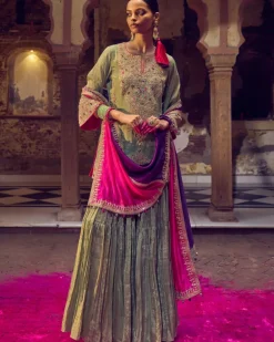 Sage Green, Bangani And Gulabi Gulaal Johri Skirt Set