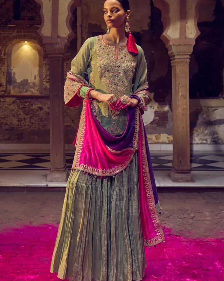 Sage Green, Bangani And Gulabi Gulaal Johri Skirt Set