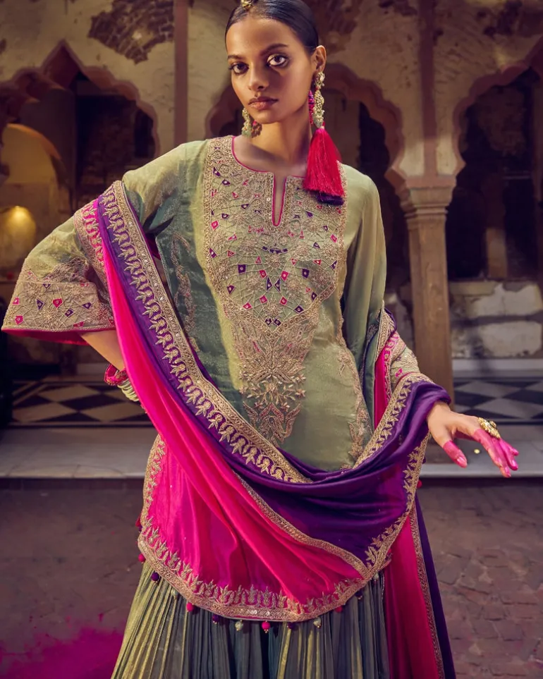 Sage Green, Bangani And Gulabi Gulaal Johri Skirt Set