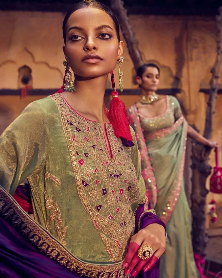 Sage Green, Bangani And Gulabi Gulaal Johri Skirt Set